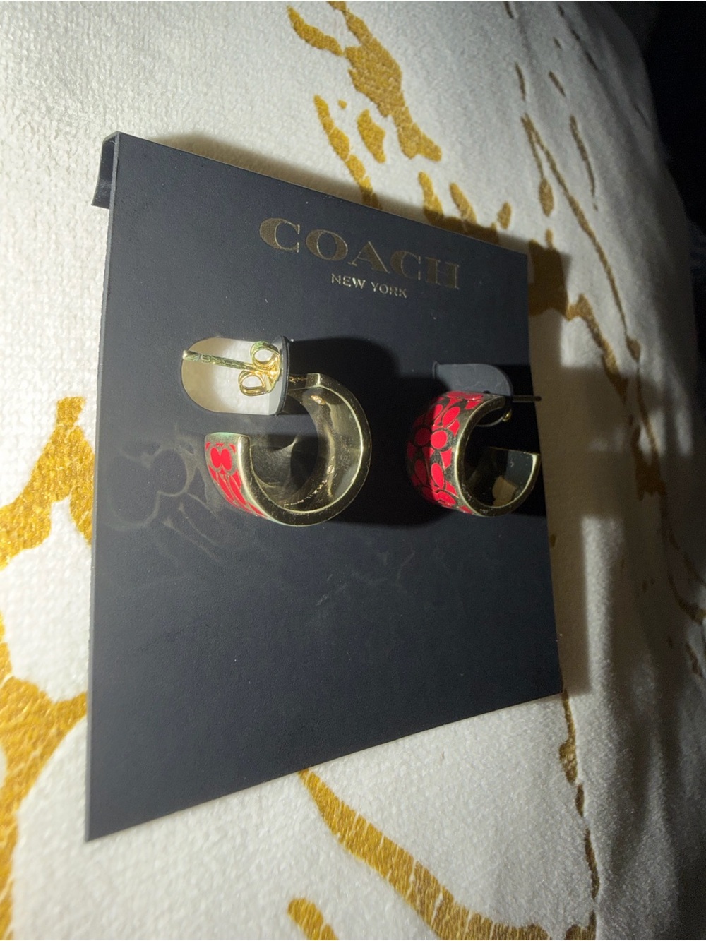 COACH Brass Red Signature Enamel Huggie Earrings - Picture 6 of 7